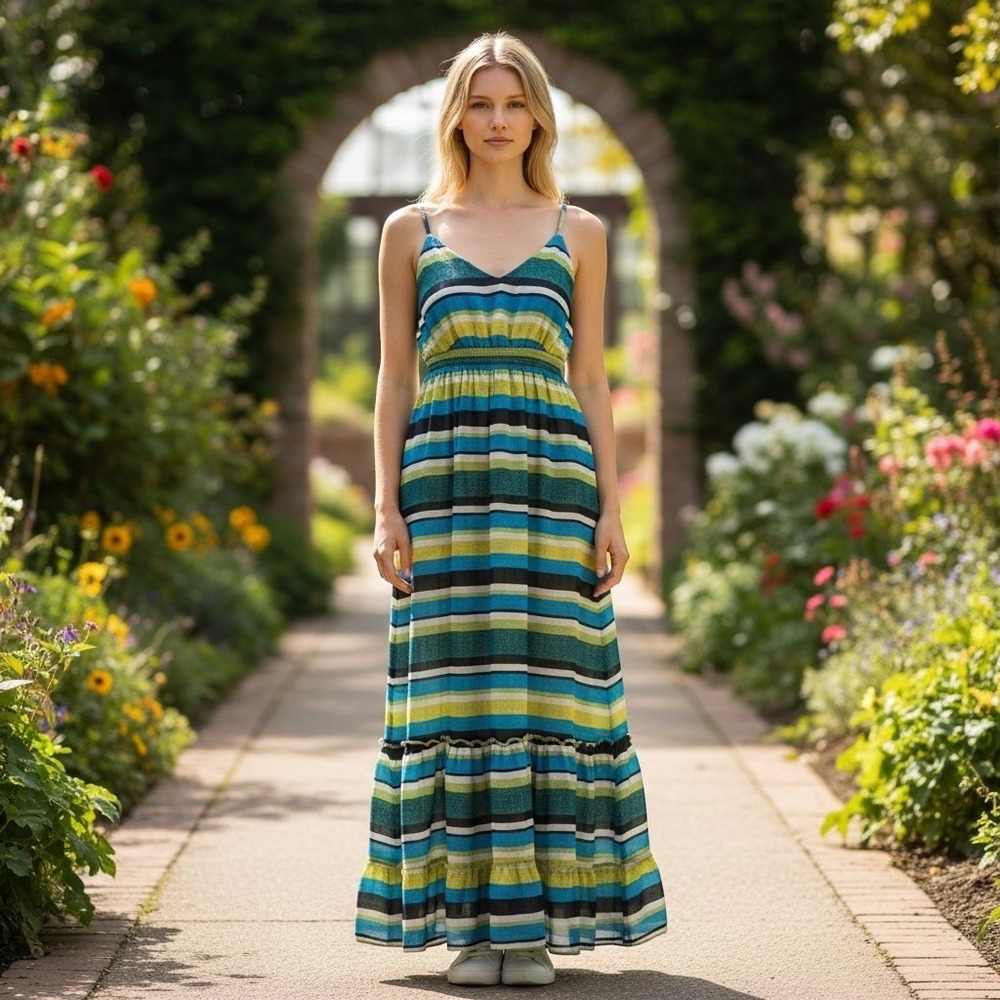 Banana Republic Maxi Dress Womens 6 Multicolor Striped Ruffle Hem Summer Chiffon